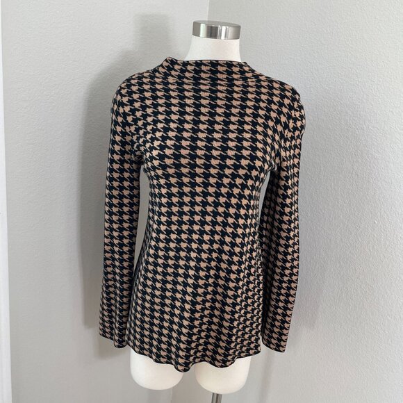 Ann Taylor Womens Small Petite Brown Black Houndstooth Mock Neck Sweater - Picture 2 of 10